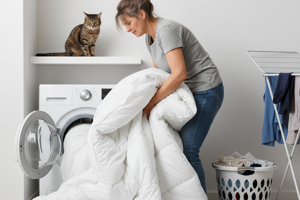 Woman Struggling With Comforter At Home 600X400